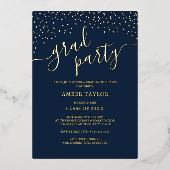 Confetti Navy Gold Photo Graduation Party Foil Invitation (Front)