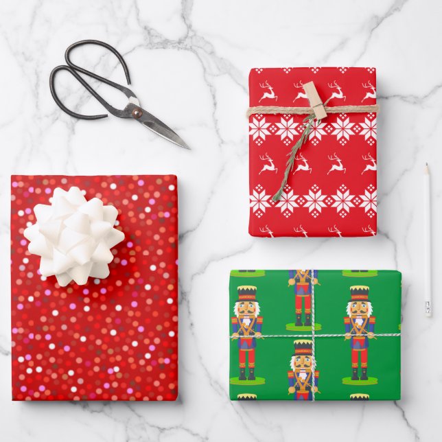 Confetti, Nutcracker, Reindeer & Snowflakes on Red Wrapping Paper Sheets (Front)