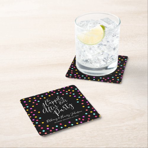 Confetti on black happily ever after wedding party square paper coaster