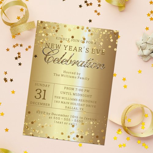 Confetti on Gold Metallic New Years Eve Party Invitation
