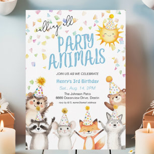 Confetti Party Forest Animals Party Hats Birthday Invitation