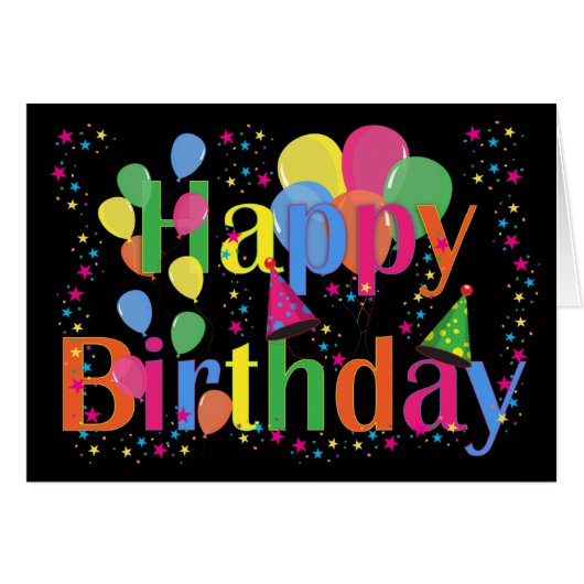 Confetti, Party Hats and Balloons Black Background Cards (Front Horizontal)