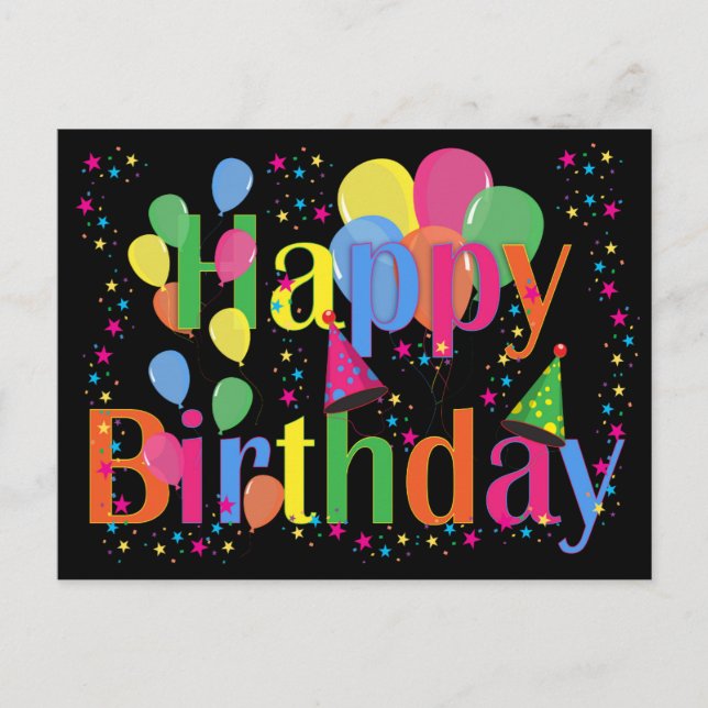 Confetti, Party Hats and Balloons Black Background Invitation Postcard (Front)