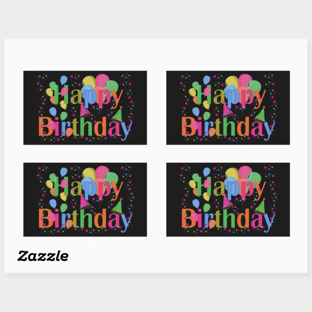 Confetti, Party Hats & Balloons Birthday Black Rectangular Sticker (Sheet)