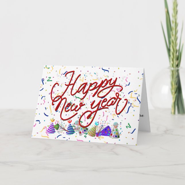 Confetti, Party Hats, Happy New Year Holiday Card (Front)