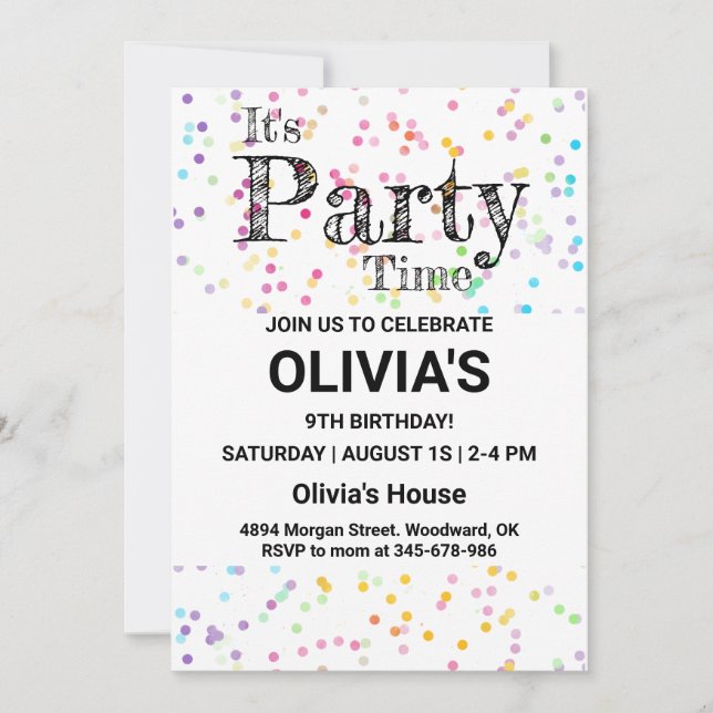 Confetti Party Invite, It's Party Time, Colorful  Invitation (Front)