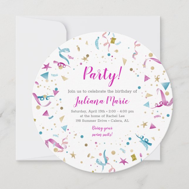 Confetti Party Pink and Blue Sparkle Birthday Invitation (Front)