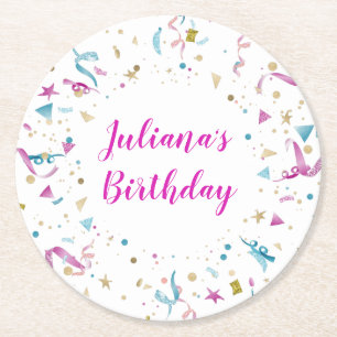 Confetti Party Pink and Blue Sparkle Birthday Round Paper Coaster
