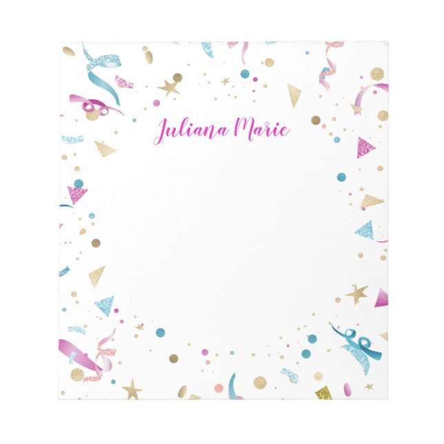 Confetti Party Pink and Blue Sparkle Notepad (Front)