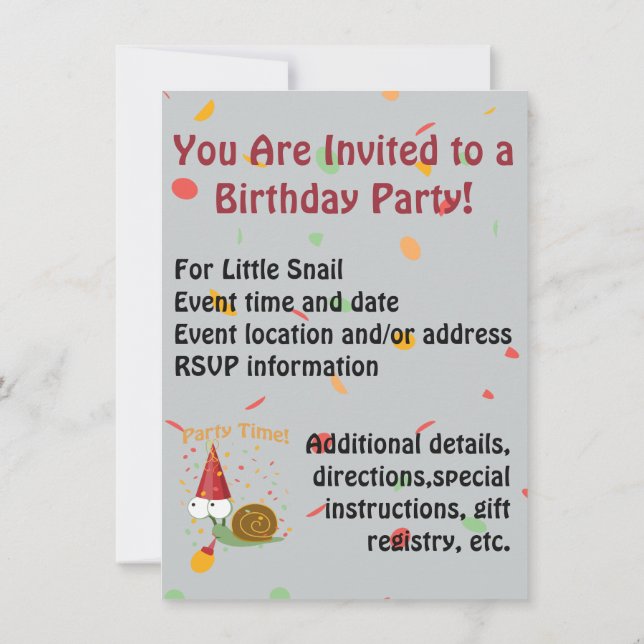 Confetti Party Time! Snail Invitation (Back)