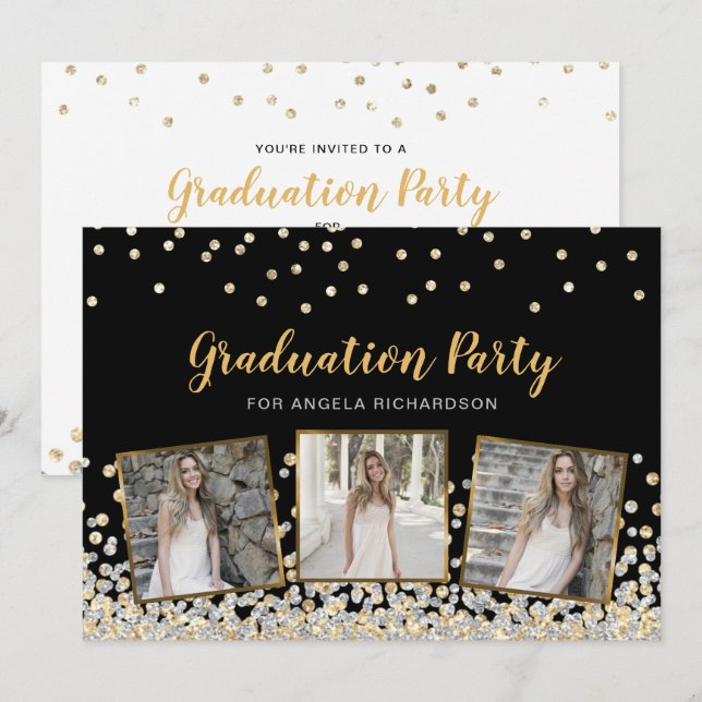 Confetti Photo Collage Gold Graduation Party Invitation (Front/Back)