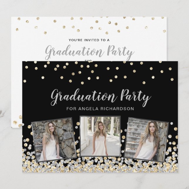 Confetti Photo Collage Silver Graduation Party Invitation (Front/Back)