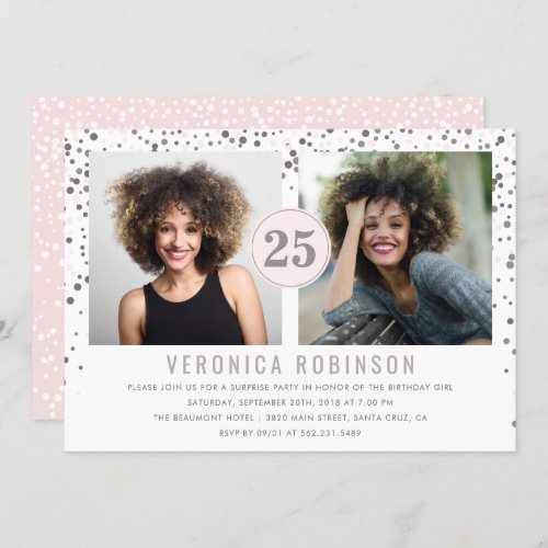 Confetti Photo Surprise Birthday Party Invitation - Confetti Photo Surprise Birthday Party Invitation.
This trendy surprise party invitation allows you upload two photos of the birthday girl. Between these is a circular mat with a fine border for the age. The photos appear between cascades of champagne bubble confetti. The whole invitation has a coordinated color scheme in pastel coral pink and chromatic gray. The typography is a simple, uncluttered sans serif with a gentle contrast on the eyes.