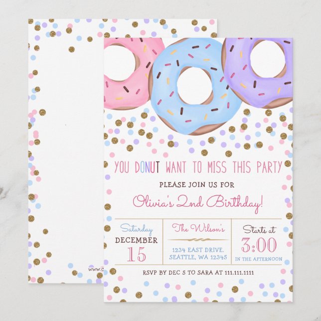 Confetti pink  gold donuts birthday party invitation (Front/Back)