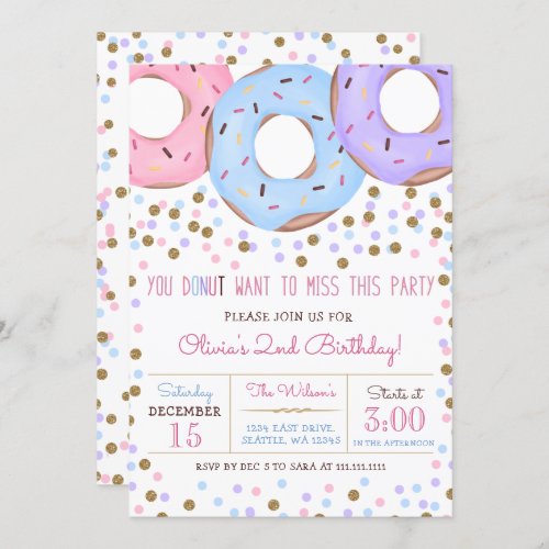 Confetti pink  gold donuts birthday party invitation