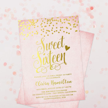 Confetti Pink & Gold Sweet 16 Party Foil Invitation by TheSpottedOlive at Zazzle