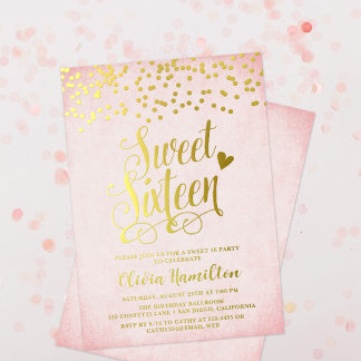 Confetti Pink & Gold Sweet 16 Party Foil Invitation