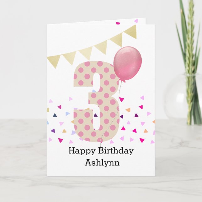 Confetti Pink Polka Dot 3rd Birthday Card (Front)