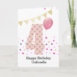 Confetti Pink Polka Dot 4th Birthday Card<br><div class="desc">A colorful pink 4th birthday card for girls, which you can personalize with her name. The front of this colorful 4th birthday card for her features the number four in a pink polka dot with a pink balloon ready to float away.The background has some colorful confetti and a soft gold...</div>