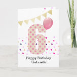 Confetti Pink Polka Dot 6th Birthday Card<br><div class="desc">A colorful pink 6th birthday card for girls, which you can customize with her name. The front of this colorful 6th birthday for her features the number six in a pink polka dot with a pink balloon ready to float away.The background has some colorful confetti and a soft gold bunting...</div>