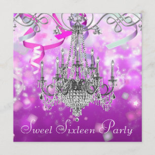 Confetti Pink Purple Chandelier Sweet Sixteen Invitation