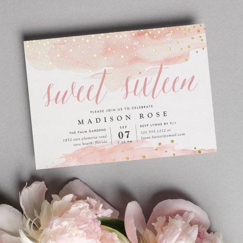 Confetti Pop Blush  Gold  Sweet Sixteen Birthday Foil Invitation