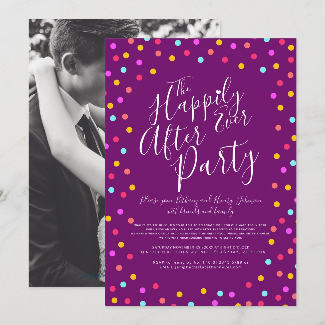 Confetti purple happily ever after wedding party invitation Zazzle