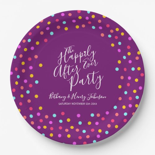 Confetti purple happily ever after wedding party paper plates