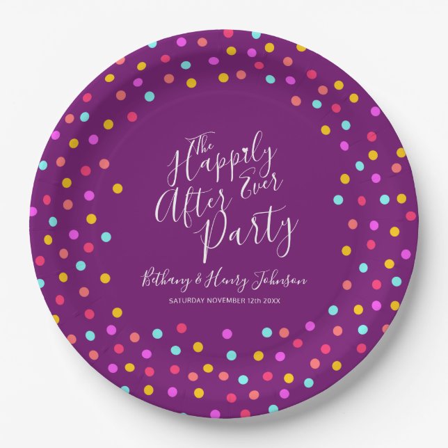 Confetti purple happily ever after wedding party paper plates (Front)