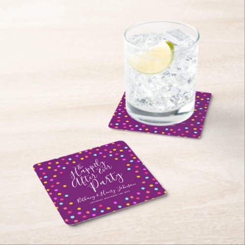 Confetti purple happily ever after wedding party square paper coaster