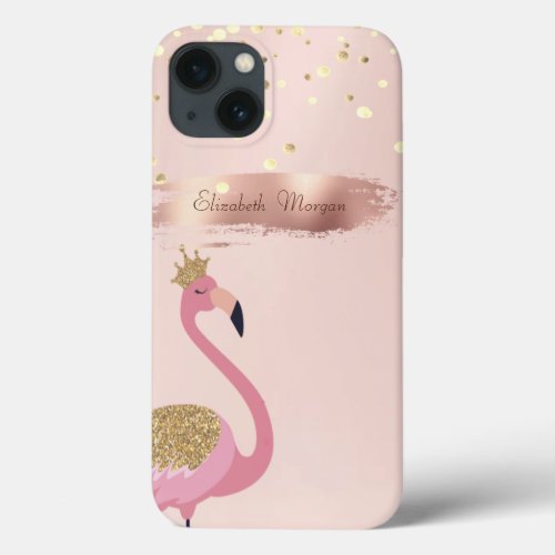  Confetti Rose Gold Brush Stroke Pink Flamingos iPhone 13 Case