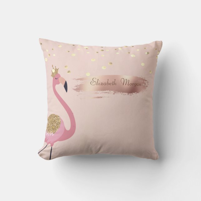  Confetti, Rose Gold Brush Stroke Pink Flamingos  Throw Pillow (Front)