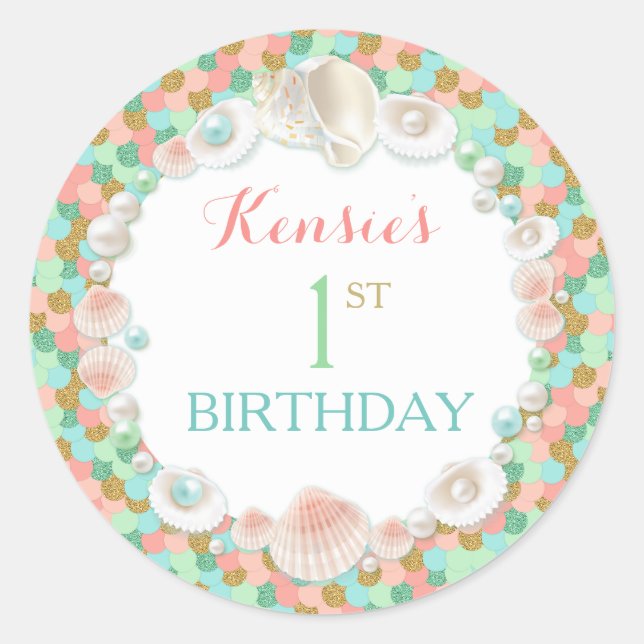 Confetti Sea Shells Coral Mint Peach Gold Classic Round Sticker (Front)