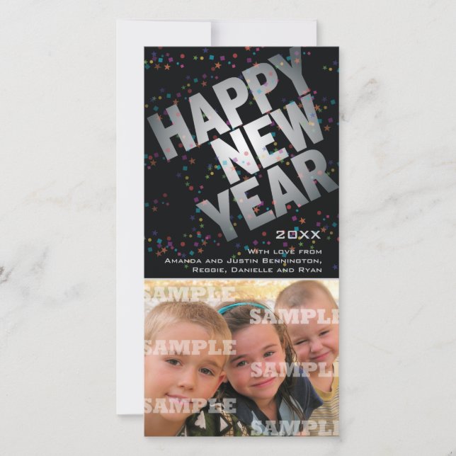 Confetti Silver Celebration New Years Photo Card (Front)
