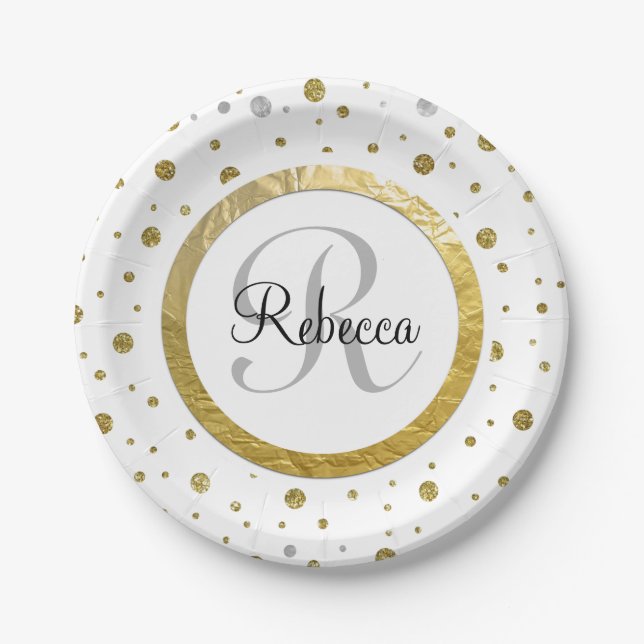 Confetti Silver/Gold Monogram Paper Plates (Front)