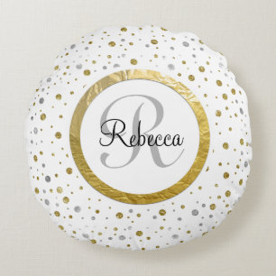 Confetti Silver/Gold Monogram Round Pillow
