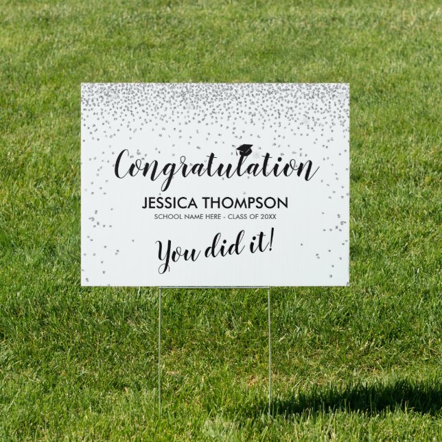 Confetti Silver White Graduation Congratulation Sign (Insitu)