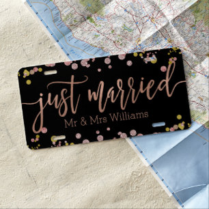 Confetti Sparkle Rose Gold Wedding Just Married License Plate