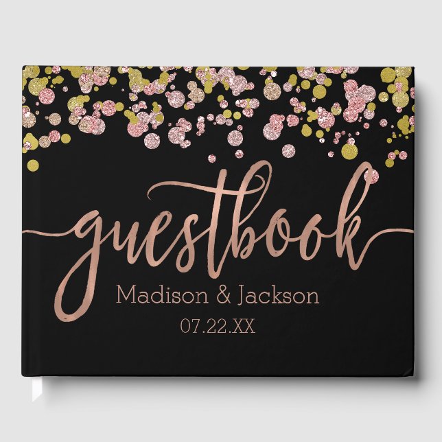 Confetti Sparkle Shine Rose Gold Wedding Monogram Guest Book (Front)
