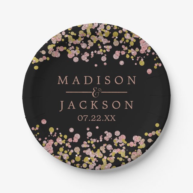 Confetti Sparkle Shine Rose Gold Wedding Monogram Paper Plates (Front)