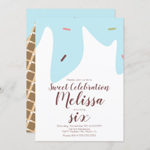 Confetti Sprinkles Dripping Ice Cream Cone Blue Invitation
