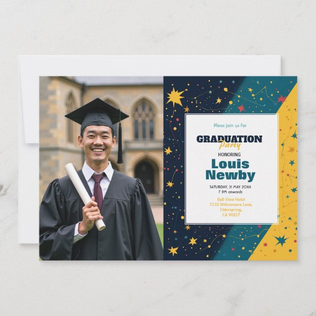 🎓Confetti Starburst Graduation Party Invitation (Front)