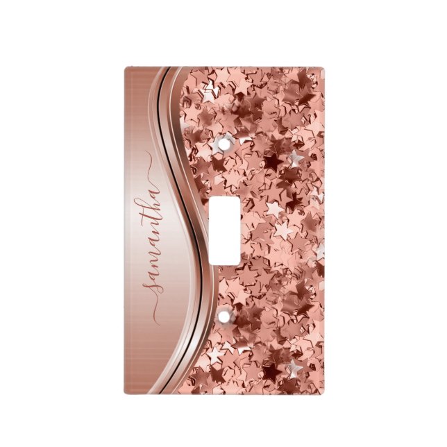 Confetti Stars Rose Gold Handwritten Name Metal Light Switch Cover (Front)