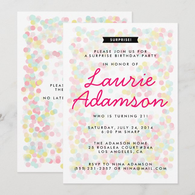 Confetti Surprise Birthday Party Invitations (Front/Back)