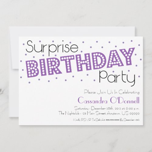 Confetti Surprise Birthday Party Invites Purple