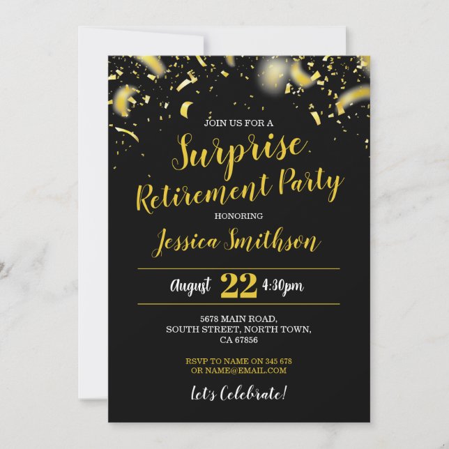 Confetti Surprise Retirement Party Black Gold  Invitation (Front)