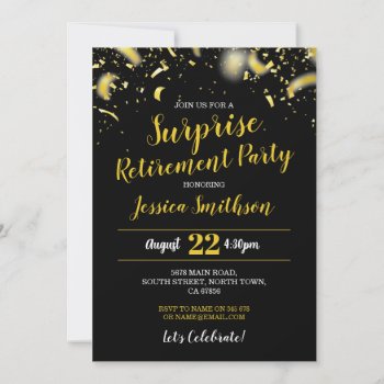 Confetti Surprise Retirement Party Black Gold  Invitation by WOWWOWMEOW at Zazzle