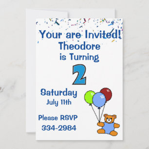 Confetti, Teddy Bear, Balloons Boys 2nd  Birthday Invitation