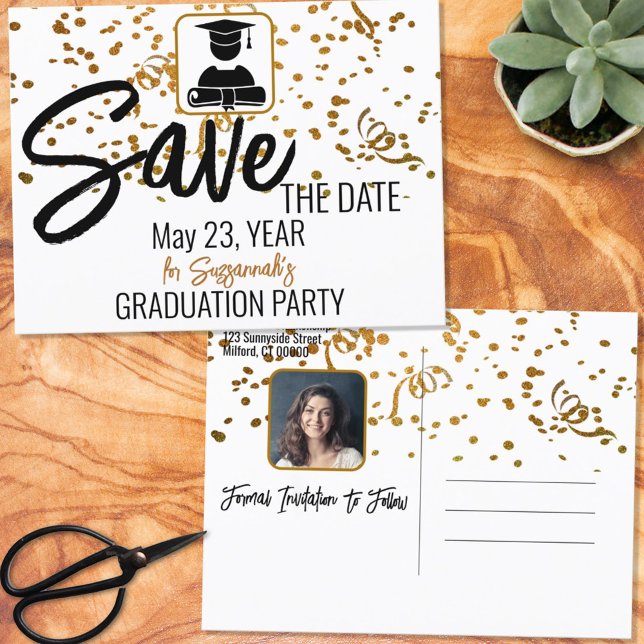 Confetti Top Custom Photo Graduation Save The Date Announcement Postcard (Creator Uploaded)