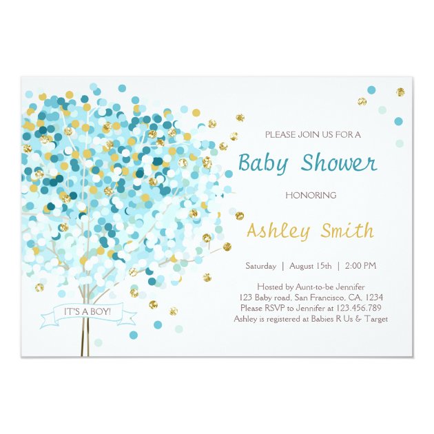 Confetti Tree Baby Shower Invitation Boy Blue Gold